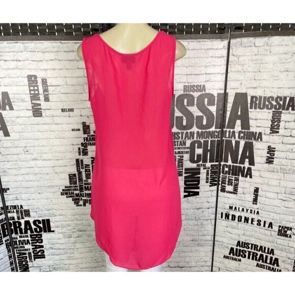 Nicole Miller L Sheer Hot Pink Floral Accent Scoop Neck Step-Hem Sleeveless Top - Picture 4 of 6